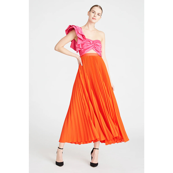AMUR Cleopatra Colorblock Pleated Asymmetrical A-Line Maxi Dress Pink / Orange 4 - Picture 2 of 6